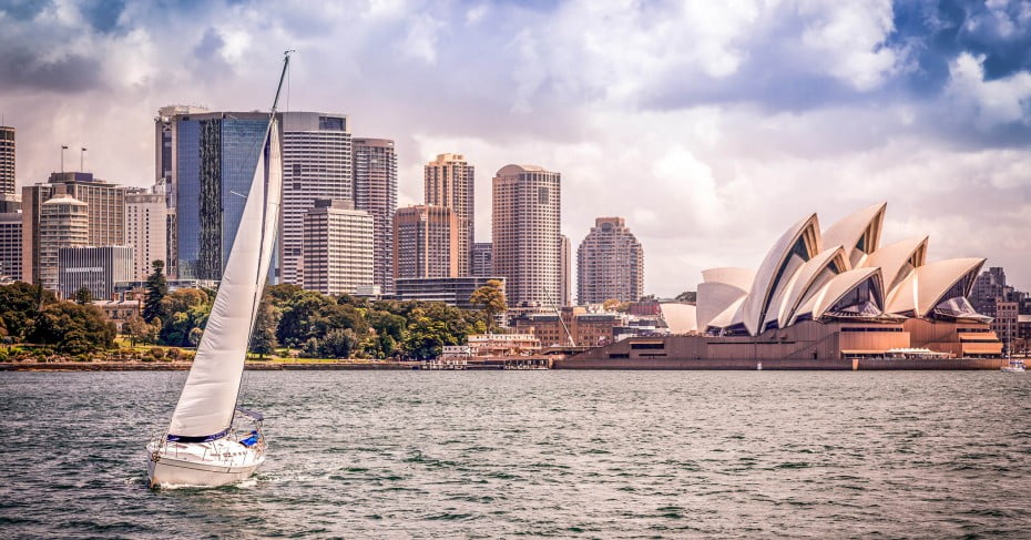 Cityscape with Opera House and Sailing Boat, Sydney, Australia