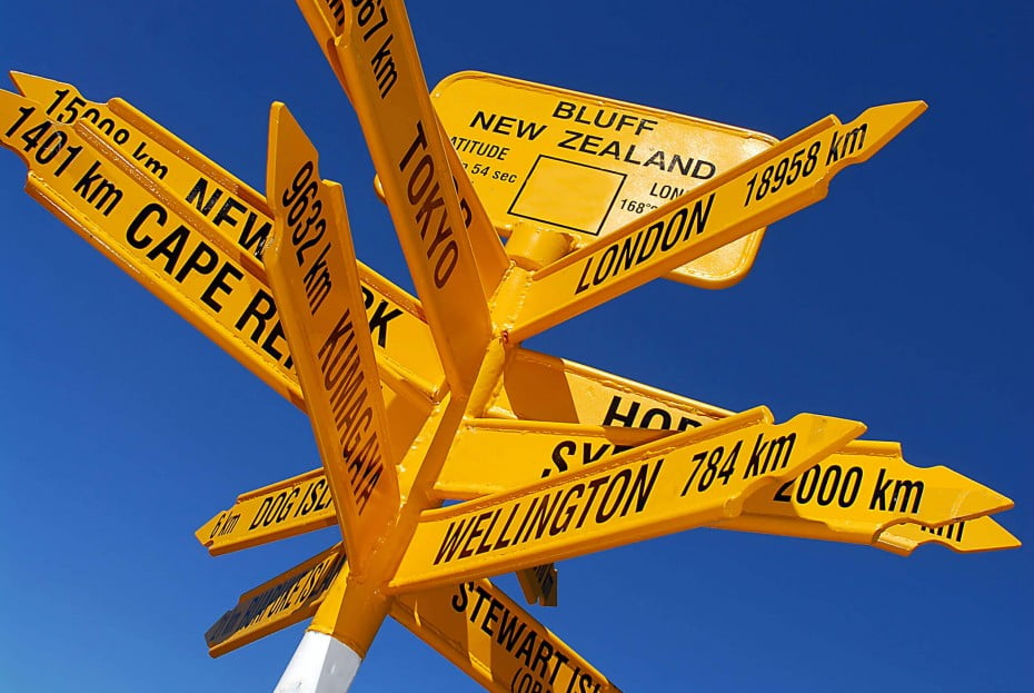 International signpost, Bluff, New Zealand. 