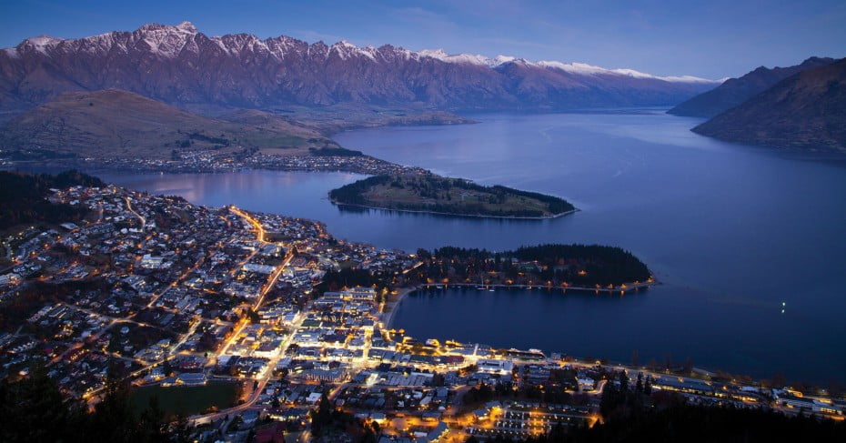 Iconic view of Queenstown at dusk from Bob's Peak, Queenstown, New Zealand. 