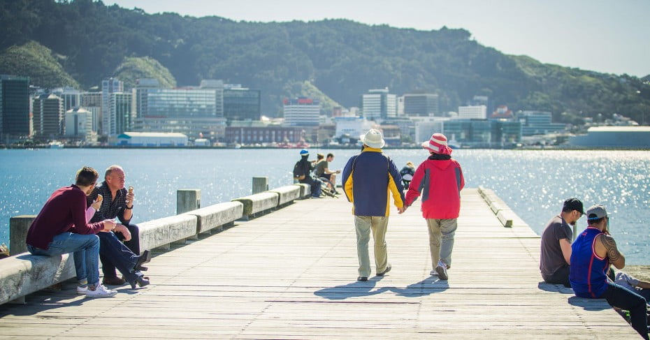 Couple walking hand in hand, Wellington waterfront, New Zealand. 