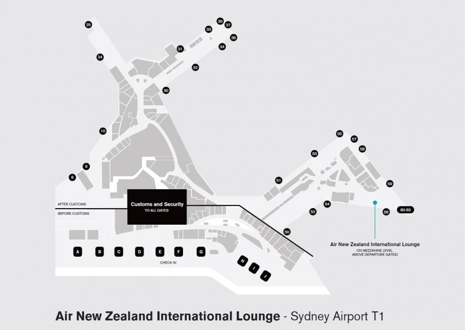 Map of the International Lounge at Sydney Airport.
