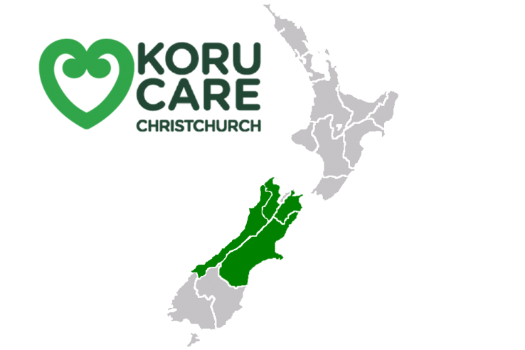 Koru Care Christchurch branch - logo and map
