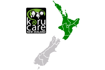 Koru care North Island branch - logo and map